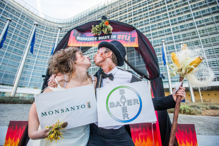 Klage gegen den Zusammenschluss von Bayer und Monsanto. Foto: epa/Stephanie Lecocq
