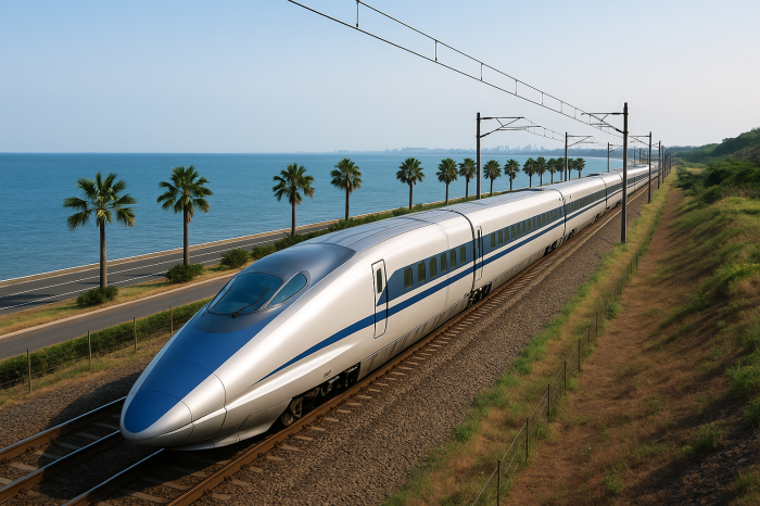 Visualisierung der geplanten Hochgeschwindigkeitsbahn zwischen den Flughäfen Don Mueang, Suvarnabhumi und U-Tapao. Bild: KI generiert