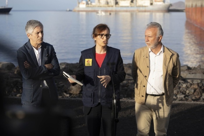 Die spanische Gesundheitsministerin Mónica García (Mitte), der spanische Innenminister Fernando Grande-Marlaska (links) und der spanische Minister für Territorialpolitik Ángel Víctor Torres (rechts) berichten über die n... Foto: epa/Miguel Barreo