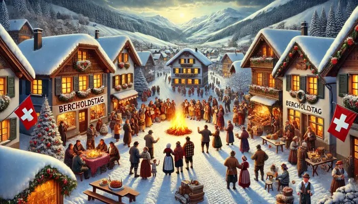 Am Berchtoldstag feiern die Menschen in einem verschneiten Schweizer Dorf gemeinsam, genießen lokale Speisen, Musik und gemütliche Atmosphäre vor warmen Feuerstellen. Foto generiert von OpenAI's DALL·E 