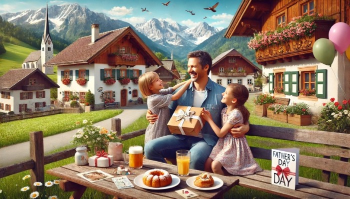 Eine Familie feiert den Vatertag in Österreich mit einem gemütlichen Picknick im Grünen, umgeben von malerischer Landschaft. Foto generiert von OpenAI's DALL·E