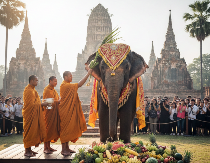 Buddhistische Mönche segnen einen geschmückten Elefanten bei einer Zeremonie zum Nationalen Elefantentag, begleitet von traditionellen Opfergaben und Zuschauern. Foto: DER FARANG (AI)