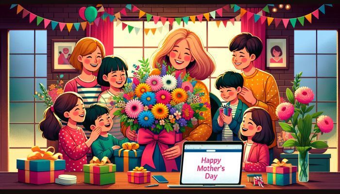 Die Familie feiert den Muttertag, indem Kinder ihrer Mutter Geschenke und einen farbenfrohen Blumenstrauß in einem gemütlichen, liebevoll dekorierten Zuhause überreichen. Foto generiert von OpenAI's DALL·E 