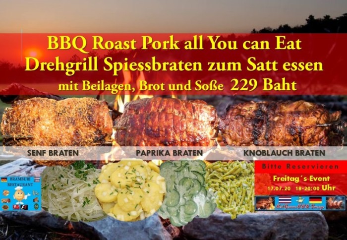 Drei Sorten Spießbraten vom Drehgrill, „all you can eat“, für 229 Baht/ Person, im Bramburi Restaurant in Naklua.