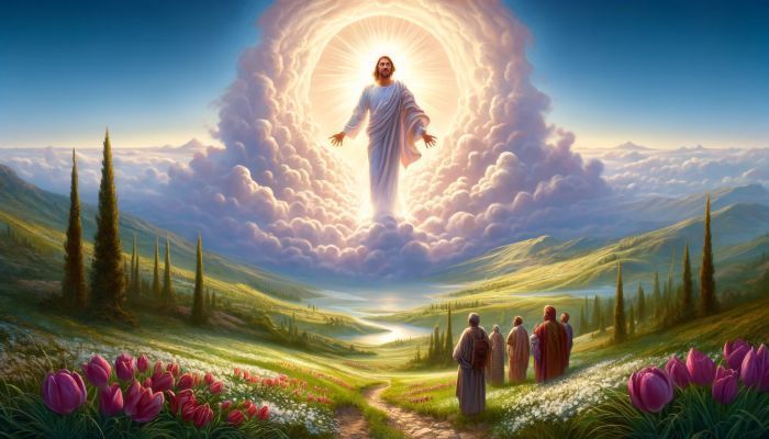 Diese Illustration zeigt die Himmelfahrt Christi, umgeben von seinen Jüngern, die seine Rückkehr zum Vater im Himmel auf einem blühenden Hügel beobachten. Foto generiert von OpenAI's DALL·E
