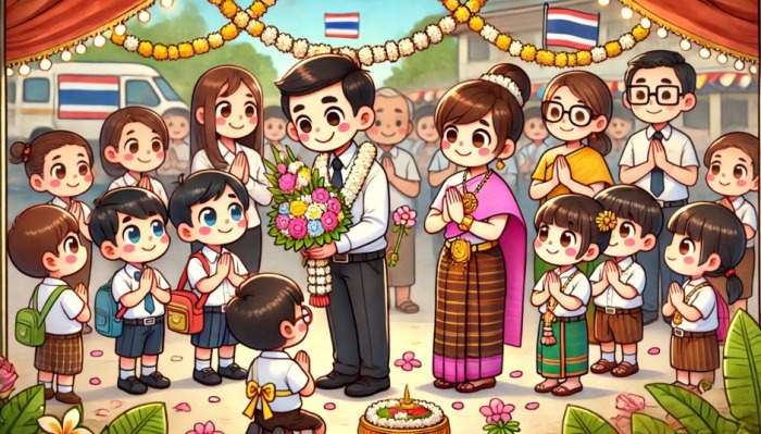 Eine festliche Szene zum thailändischen Lehrertag zeigt Lehrer und Schüler bei einer Zeremonie mit Blumen, Girlanden und traditionellen Kleidern als Zeichen des Respekts. Foto: DER FARANG (AI)