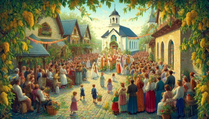 Festliche Pfingstfeier in einem europäischen Dorf, mit Familien in traditioneller Kleidung, die in einer Prozession durch den Kirchhof ziehen. Foto generiert von OpenAI's DALL·E 