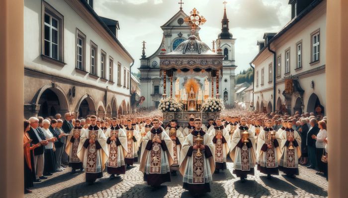 Fronleichnam wird mit einer feierlichen Prozession durch das Dorf begangen, um die Eucharistie zu ehren. Foto generiert von OpenAI's DALL·E 