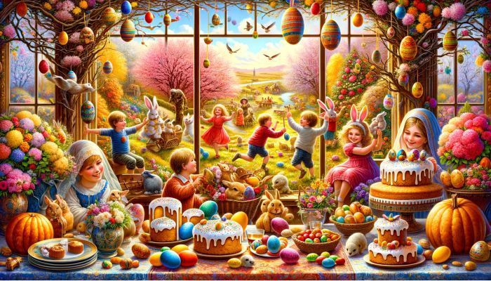 Ein Fest der Farben und Freude: Kinder, Hasen und bunte Eier verkörpern die Magie des Osterfestes in dieser lebendigen Szene. Foto generiert von OpenAI's DALL·E