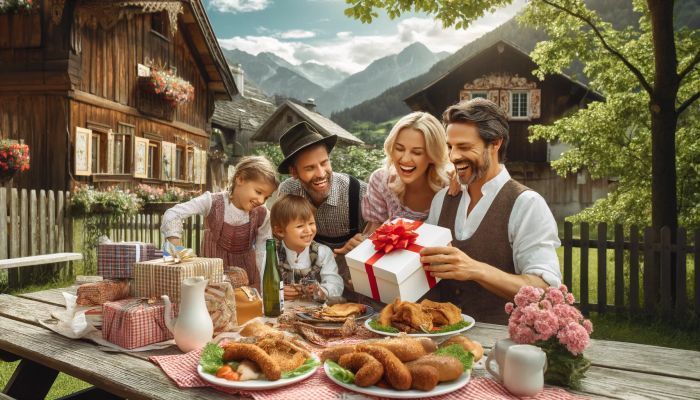 Eine Familie feiert den Vatertag in Österreich mit einem gemütlichen Picknick im Grünen, umgeben von malerischer Landschaft. Foto generiert von OpenAI's DALL·E