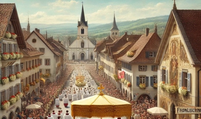 Fronleichnam wird mit einer feierlichen Prozession durch das Dorf begangen, um die Eucharistie zu ehren. Foto generiert von OpenAI's DALL·E 