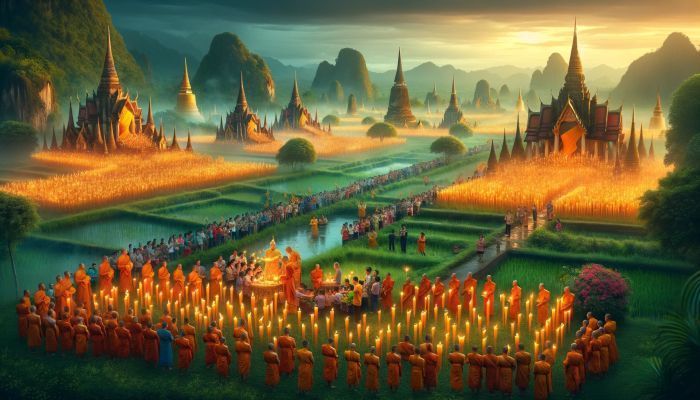 Gläubige versammeln sich vor prachtvollen Tempeln zum Buddhist Lent, um mit riesigen Kerzenfeldern die Regenzeitklausur und spirituelle Erneuerung einzuläuten. Foto generiert von OpenAI's DALL·E 