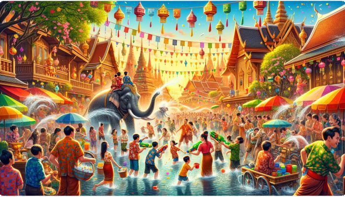 Ein Spritziges Songkran: Thailands Neujahrsfest leuchtet in Wasserfreuden und traditionellem Glanz. Foto generiert von OpenAI's DALL·E 