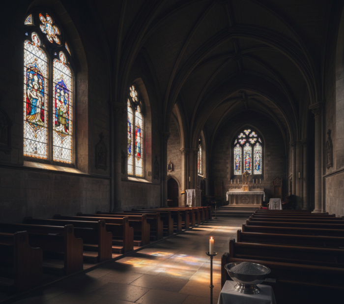 Ein stiller Kirchenraum mit Ascheschale und Kerze steht symbolisch für den Aschermittwoch, der den Beginn der christlichen Fastenzeit markiert. Foto: DER FARANG (AI)