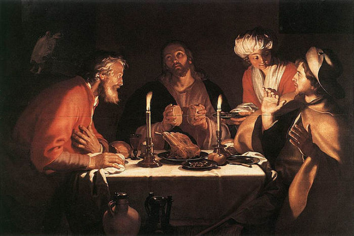 Szene des Evangeliums vom Ostermontag: Die beiden Jünger erkennen Jesus beim Brechen des Brotes in Emmaus.