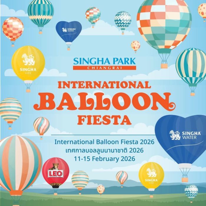Internationale Heißluftballons formieren sich zum gemeinsamen Start im Singha Park in Chiang Rai. Foto: Singha Park Chiang Rai