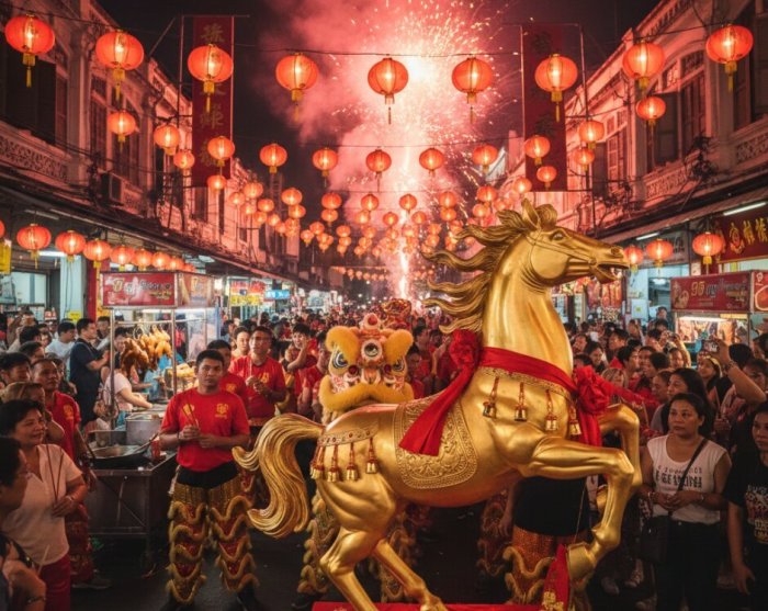 Festlicher Glanz in Fernost: Mit prächtigen Goldstatuen, traditionellen Löwentänzen und einem Meer aus roten Laternen feiern die asiatischen Gemeinschaften den Beginn des neuen Mondjahres. Foto: DER FARANG (AI)