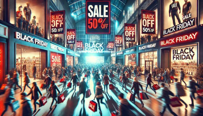 Am Black Friday stürmen Käufer die Geschäfte auf der Suche nach Schnäppchen. Große „SALE“-Schilder und Rabatte locken die Menschenmassen in die Einkaufszentren. Foto generiert von OpenAI's DALL·E