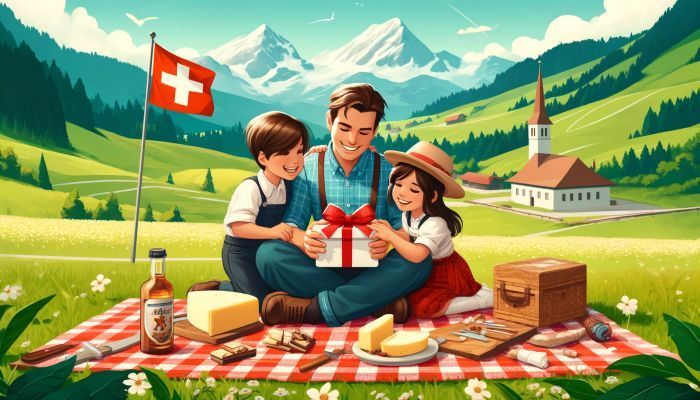 Eine Familie feiert den Vatertag in der Schweiz mit einem Picknick in der malerischen Alpenlandschaft, umgeben von majestätischen Bergen und grünen Wiesen.  Foto generiert von OpenAI's DALL·E